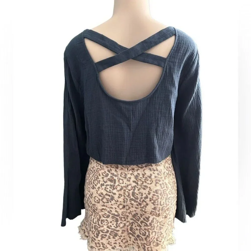 Hudson Gray Steel Blue 100% Cotton Raw Edge Long Bell Sleeve Top Size Large